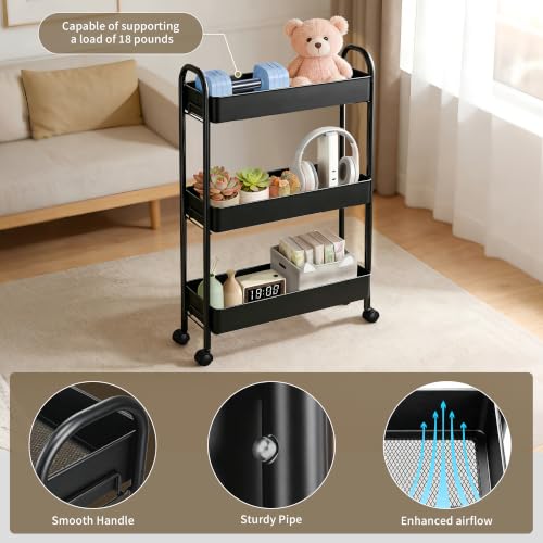 Slim Rolling Cart, Metal Frame Utility Rolling 3-Tier Narrow Storage Cart | Kitchen Storage Organizer, Mobile Shelving Unit for Bathroom Kitchen