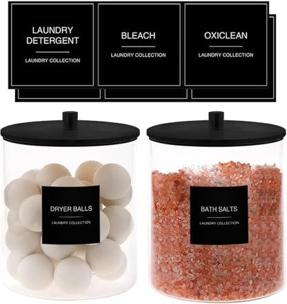 Laundry Pods Container with 27 Labels, Glass Jars for Laundry Room Organization, Detergent Holder with Bamboo Lid, Cute Storage Jars, Black (Set of 1)