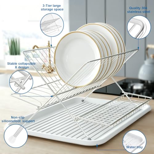 Stainless Steel Foldable Dish Drying Rack, 2 Tier Collapsible Kitchen Rack for Counter, Large Capacity Expandable Dish Drainer Rust Proof