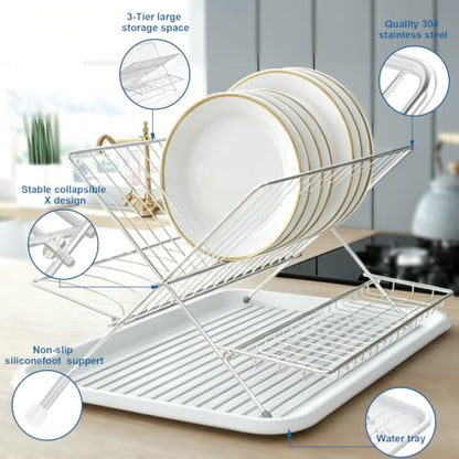 Stainless Steel Foldable Dish Drying Rack, 2 Tier Collapsible Kitchen Rack for Counter, Large Capacity Expandable Dish Drainer Rust Proof
