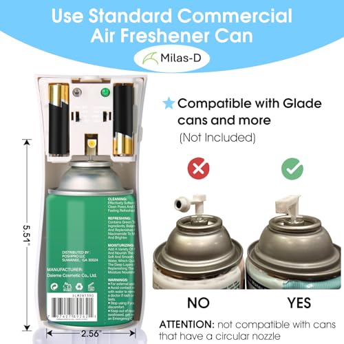 Automatic Air Freshener Spray Dispenser, Custom Timing (Day/Night/24H, 7.5/15 min interval), Wall Mounted or Free Standing, for Home and Commercial, Compatible with Glade Refill Can, White, Milas-D