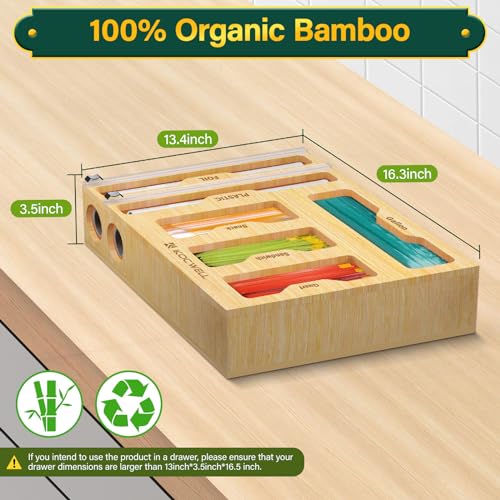 KOCWELL Bag Organizer and Plastic Wrap Dispenser with Cutter, 6 In 1 Bamboo Foil and Plastic Wrap Organizer for Kitchen Drawer, Food Storage Bag Organizer for Gallon,Quart,Sandwich,Snack(Yellow)