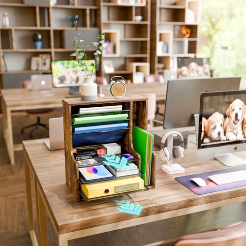 Simple Trending 7- Tier Desk File Organizer, Paper Organizer, Rustic Brown | Adjustable Letter Trays, Wooden Desk Accessories with Side File Holder, for Office Home Classroom, 16"L x 9"W x 17"H