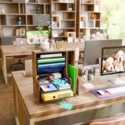 Simple Trending 7- Tier Desk File Organizer, Paper Organizer, Rustic Brown | Adjustable Letter Trays, Wooden Desk Accessories with Side File Holder, for Office Home Classroom, 16"L x 9"W x 17"H