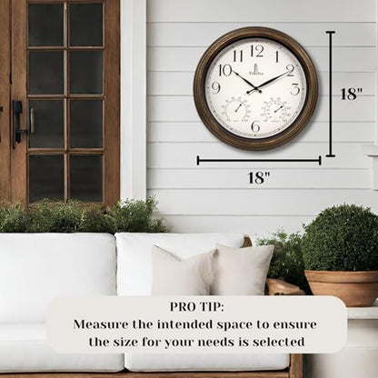 Large Outdoor Clocks for Patio Waterproof with Thermometer Combo, 18 Inch | Weatherproof Bronze Indoor Outdoor Wall Clock, Temperature and Humidity, Accurate, Easy to Read for Pool, Garden, Home Decor