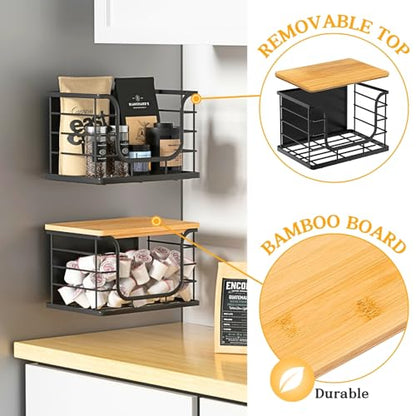 Magnetic Shelf for Fridge Trash Bag Organizer, 2 Pack, Black | Stackable Garbage Bag Holder, Bamboo Lid, Magnetic Storage Bin, For Refrigerator, Under Sink, Kitchen, Pantry