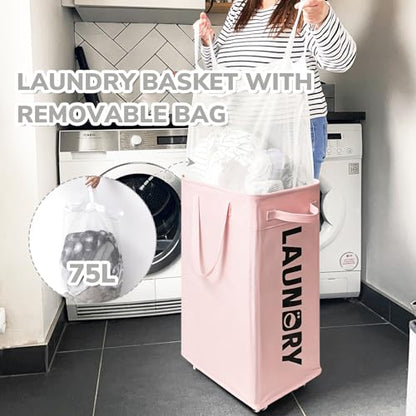 CHICVITA 75L Rolling Laundry Basket with Wheels Removable wash bag, Pink | Laundry hamper for dirty clothes dorm essentials. Pink room Decor for girls kids fit living room nursery room college dorm