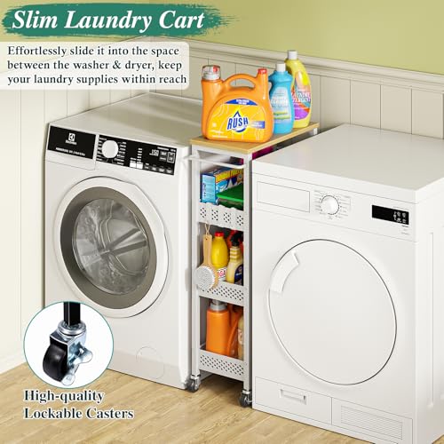4-Tier Slim Rolling Storage Cart for Laundry Room, Bathroom, Kitchen | Upgraded metal hub casters, Narrow utility cart for small space/gaps, Premium wood top & metal mesh shelf, with handle & hook
