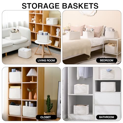 Storage Baskets for Organizing 12.5"x9.1"x7.9" (4 Packs) Off White | Storage Bin for Shelves, Woven Cotton Rope Basket with Handles for Bedroom Living Room Nursery Bathroom