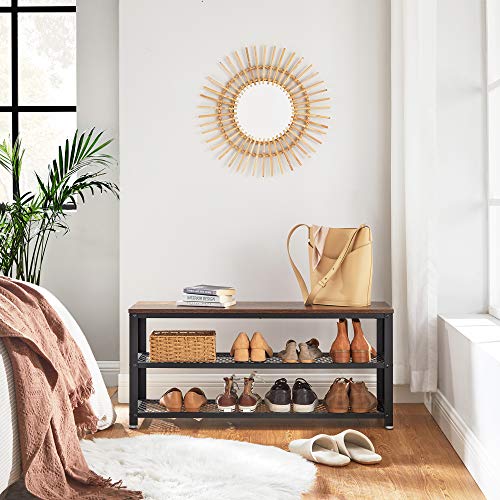 VASAGLE 3-Tier Shoe Rack, Shelf Storage Bench with Metal Mesh Shelves and Seat, Free Standing Shoe Organizer for Entryway, 11.8 x 39.4 x 17.7 Inches, Rustic Brown and Black ULBS078B01