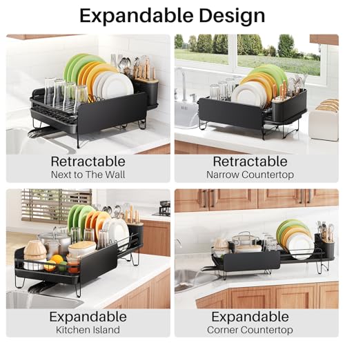SNTD Large Dish Drying Rack for Kitchen Counter, Expandable, Black | Stainless Steel Dish Drainer, Adjustable Length 18.9''-29.3'', Automatic Drainage, 360° Spout, Cutlery Holder with Knife Slot