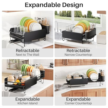 SNTD Large Dish Drying Rack for Kitchen Counter, Expandable, Black | Stainless Steel Dish Drainer, Adjustable Length 18.9''-29.3'', Automatic Drainage, 360° Spout, Cutlery Holder with Knife Slot