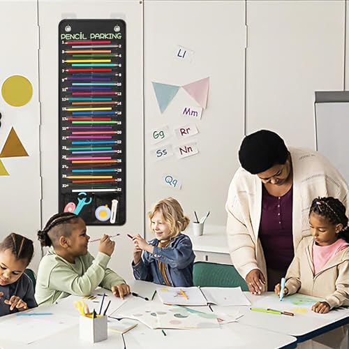 32-Pocket Pencil Parking for Classroom, Hanging Pencil Holder Wall Organizer | Numbered Portable Pencil Parking Pocket Chart, Pencil Holder for Classroom Organization, School Storage Supplies (Black)
