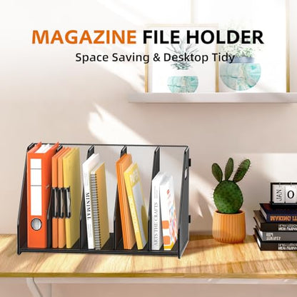 Binder Organizer, Magazine File Holder with 5 Vertical Rack, Black | Metal Desk File Organizer & Binder Holders, Magazine Organizers for Office Desktop, Home, School, Classroom