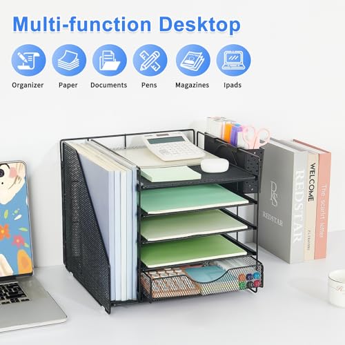 5-Tier Desk Organizer with Drawer and Pen Holder, Black | Paper Letter Tray Organizer with File Holder, Suitable for Workspace Organizer Office Supplies Storage