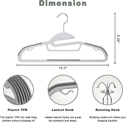 BAGAIL Plastic Hangers 50 Pack with Non-Slip Design,0.2 Inches Thick, 360°Swivel Hook Space Saving Organizer for Bedroom Closet,Shirts,Pants(Grey- S Shaped)