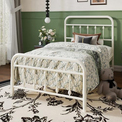 SHA CERLIN Twin Metal Bed Frame with Victorian Iron-Art Headboard, Cream | Victorian Iron-Art Headboard and Footboard, Easy Assembly, Under Bed Storage, No Box Spring Required
