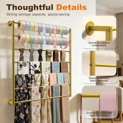 Wall Mounted Scarf Rack, Hijab Hanger Organizer (Gold, 10T-23.6×47.2IN) | Gold Metal Silk Scarves Racks Wrapping Tissue Paper Ribbon Holder Towels Storage Display for Flower Shop Retail Store