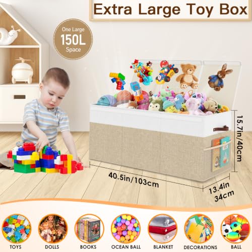 150L Extra Large Toy Storage Box with Lid for Boys Girls Nursery Playroom | Collapsible with Lid, Removable Divider, 40"x14"x16", Side Pockets, For Nursery, Living Room, Playroom