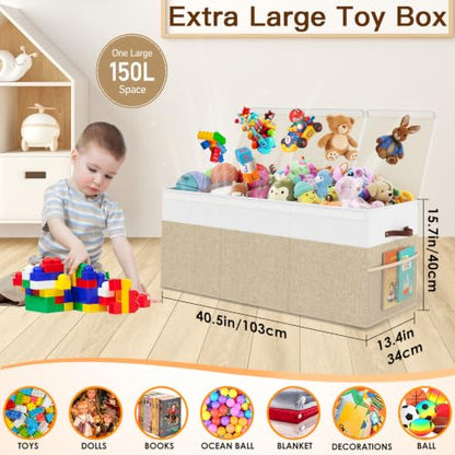 150L Extra Large Toy Storage Box with Lid for Boys Girls Nursery Playroom | Collapsible with Lid, Removable Divider, 40"x14"x16", Side Pockets, For Nursery, Living Room, Playroom