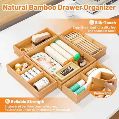 Bamboo Drawer Organizer, 5-Piece Stackable Trays with Removable Dividers | Junk drawer organizer, assorted tray sizes, 5-11 customizable compartments, nestable, kitchen utensils, bathroom, office