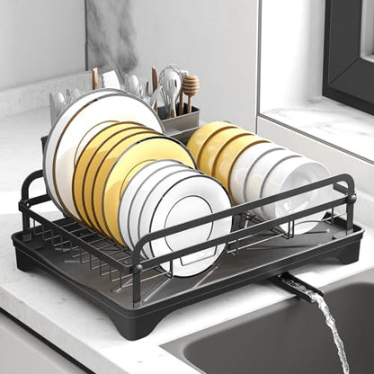 Dish Drying Rack for Kitchen Counter, Large Dish Drying Rack with Utensil Holder & Cutlery Tray, Dish Drainer with Drainboard, Black
