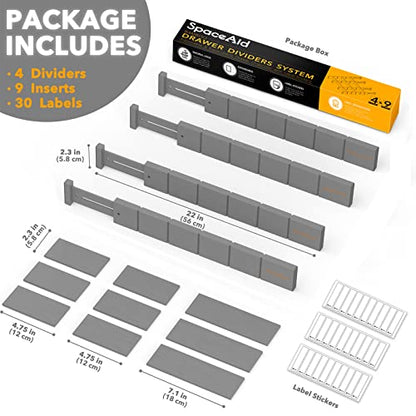 SpaceAid Bamboo Drawer Dividers with Inserts and Labels, Kitchen Adjustable Drawer Organizers, Expandable Organization for Home, Office, Dressers, 4 Dividers with 9 Inserts (17"-22" Gray)