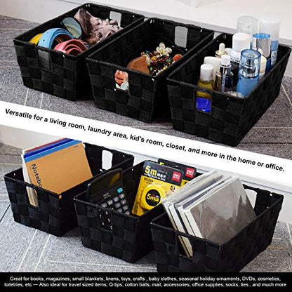 Woven Black Storage Baskets Shelf Tote Boxes Container, Durable Storage Organizer Bins with Built-in Handles for Bedroom, Office, Closet, Kids Room, Nursery, 3-Pack,11.4”x 6.5”x 4.5”