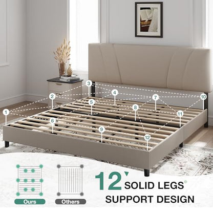 Novilla King Size Bed Frame with Adjustable Headboard Platform King Bed Frame Linen Fabric Upholstered Headboard, No Box Spring Needed, Noise-Free, Wooden Slats Support, Easy Assembly, Beige