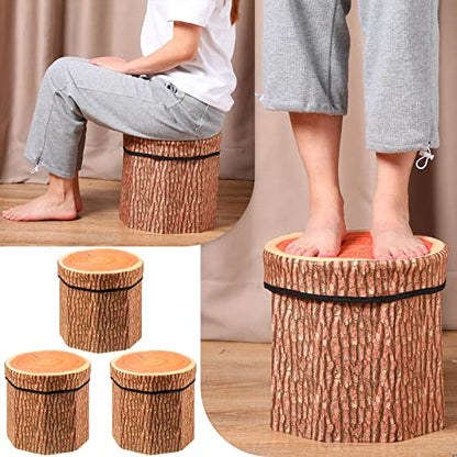 3 Pack Tree Stump Stool Toy Storage Ottoman 12 Inch,Classic | Forest Room Decor, Artificial Tree Trunk, Cute Folding Box with Foam Cushion, Woodland Collapsible Seat Chest