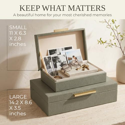 ZICOTO Decorative Storage Boxes with Lids – Set of 2 Beautiful PU Leather Organizer Bins for Your Bookshelf Home Decor - Safely Store Photos, Documents and Memory Box Keepsakes in Style
