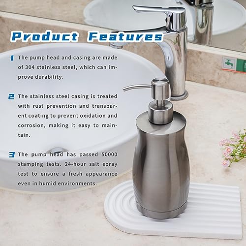 Brushed Stainless Steel Countertop Soap Dispenser Rust and Leak Resistant Hand Soap Pump with Funnel for Kitchen Countertops and Bathroom Dispensers (13.5 oz/400 ml)