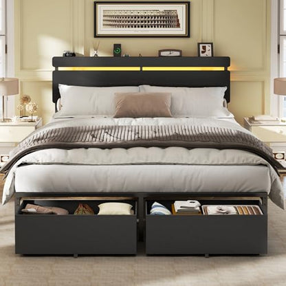Forestell Queen Bed Frame with Wood Headboard,2 Storage Drawers & Shelf