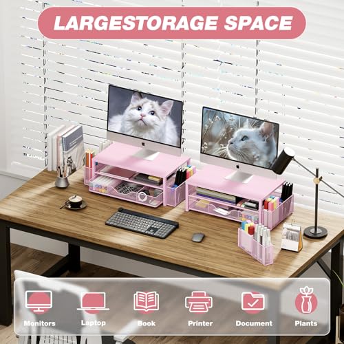 Desk Organizer and Accessories, 2-Tier Computer Monitor Stand Riser with Drawer and 2 Pen Holders, Laptop Stand, Office Desk Accessories for Office Supplies, 1 Pack, Pink