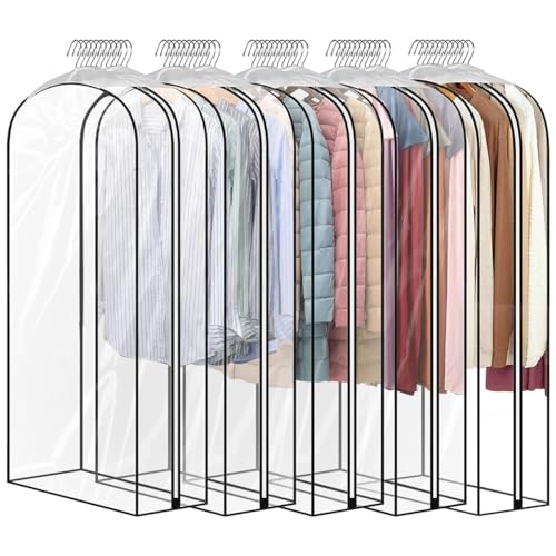 5 Pack 60" All Clear Garment Bags for Hanging Clothes Storage, 10" Gusseted Large Capacity Garment Rack Cover, Large Hanging Clothing Bag for Dress Gowns, Coats, Suit, Down Jacket