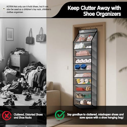 Kotkn 10 Tier Over The Door Organizer - Heavy Duty Hanging Storage Rack with Sturdy Oxford Fabric, Holds 20+ Pairs of Footwear, Boots & Sneakers, Saves 50% Closet Space (Gray)