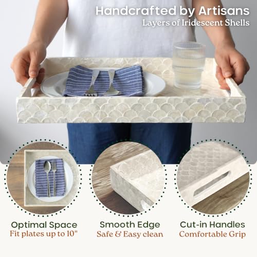 15.8" x 11.8" Capiz Shell Decorative Tray, Coastal Serving Tray | Natural Capiz Shell Inlaid, Fish-Scale Pattern, White Tray. Handmade Rectangular Serving Tray With Handles For Coffee Table