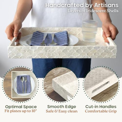 15.8" x 11.8" Capiz Shell Decorative Tray, Coastal Serving Tray | Natural Capiz Shell Inlaid, Fish-Scale Pattern, White Tray. Handmade Rectangular Serving Tray With Handles For Coffee Table