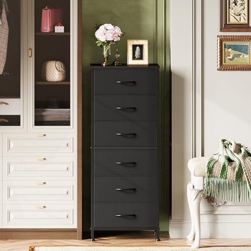 WLIVE Tall Dresser for Bedroom, 6 Drawer Dresser, Black | 6 vertical fabric drawers, Tall vertical design, Bedroom or closet use, Dresser for small spaces, Chest of drawers