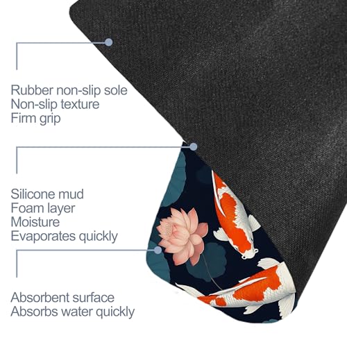 Japanese Fish Bath Mat,Fast Drying Lotus Flowers Leaves Bathmats for Bathroom, Non Slip Soft Diatomaceous Bath Rug Bathroom Accessories Thin Doormat for Home Kitchen 17 X 29.5 Inch