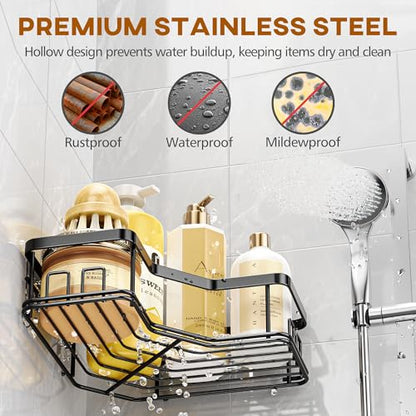 MAXIFFE 3 Pack Corner Shower Caddy with Soap Holder, Large Capacity Sturdy Easy Install No Drilling Stainless Steel Hold 40 LBS Shower Organizer Shelves Rack Storage for Family Renters Bathroom, Black
