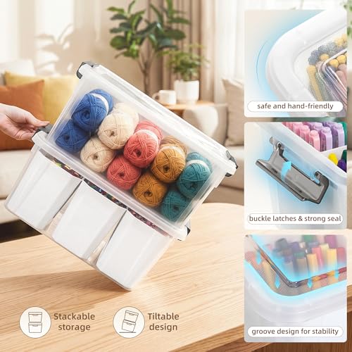 Citylife 17QT Craft Organizers and Storage bins with Lids, Marker Organizer | Clear Plastic, Art Supply Organizer for Markers, Crayons and Crafts, 6 Detachable Inserts, Versatile Stackable, No Assembly