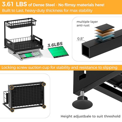 2-Pack L-Shaped Under Sink Organizer, 2-Tier Pull-out Cabinet Rack | Black Height-Adjustable Steel Rack, Sliding Grid Drawers with PP Liners, Holds 100 Lbs, Suction Base, Ideal Kitchen Storage