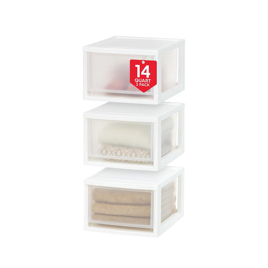 IRIS USA 3-Pack, 14.5 Qt. Stacking Drawer Storage Organizer, White | Store clothing, accessories, pantry items, and household essentials around your home with organized storage solutions