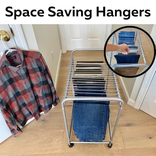 Evelots Rolling Pants Rack with 20 Hangers, Jean and Skirt Closet Organizer | Rolling pants rack includes 20 hangers to organize jeans, skirts and trousers while maximizing closet space and easier access