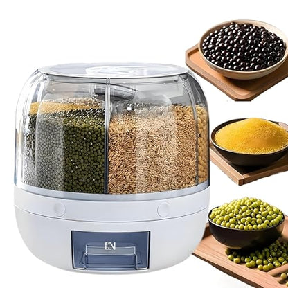 Rotating Grain Storage Bin 6 Grids Rice Container One-Click Output Large Capacity Food Dispenser For Rice Grains Sealed Moisture Proof Organizer (Grey) (Small)