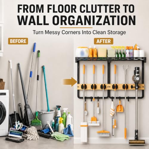 Broom Holder Wall Mount With Built-In Guardrail Shelf, Cleaning Supplies Organizer With 5 Mop Grippers, 6 Hooks And Vacuum Holder For Laundry Room Garage Pantry Kitchen