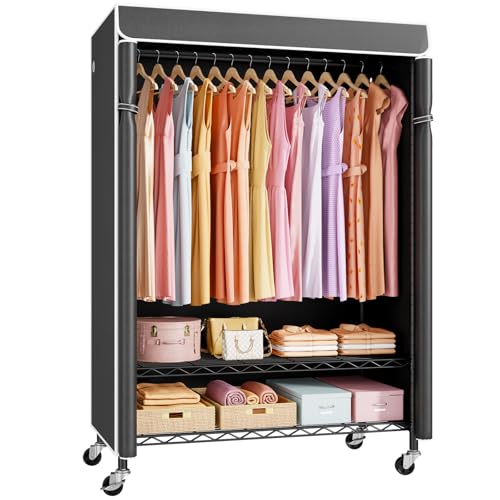 P6C Plus Rolling Clothes Rack with Cover, Covered Clothing Rack | Portable Closets for Hanging Clothes, Heavy Duty Garment Rack on Wheels, Black Closet Rack with Black Cover, Max Load 375LBS