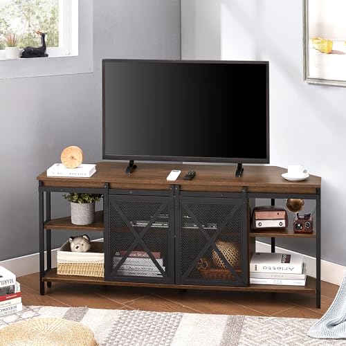 HOMISSUE Corner TV Stand for 55 Inch TV, Rustic Corner Entertainment Center with Storage, Industrial Media Console Table with Sliding Barn Door, Entertainment Center for Living Room, Brown