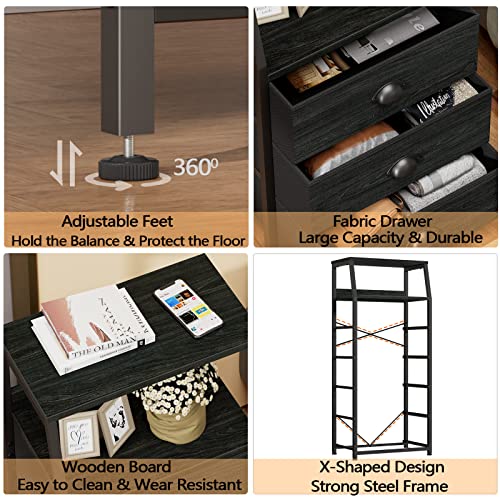 Black Dresser for Bedroom, Fabric Dorm Tall Nightstand | 5 Drawers Chests of drawers, Closet Organizer, Bedside Table Furniture for Living Room, Sturdy Steel Frame, Wood Top
